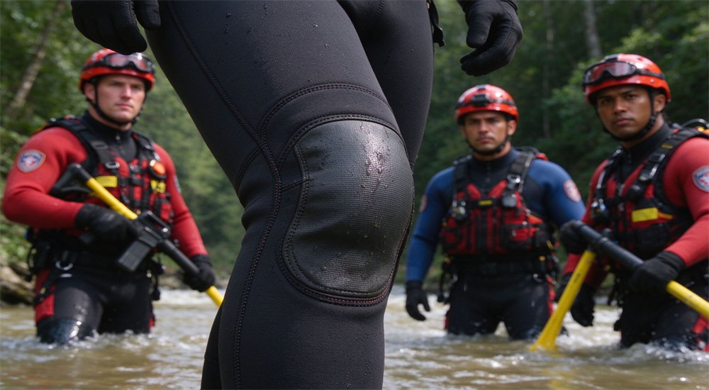 Close-up product detail of reinforced knee panel with polyurethane coating on neoprene wetsuit showing abrasion resistant material at high wear zone for crawl and climb protection in rescue Close-up product detail of reinforced knee panel with polyurethane coating on neoprene wetsuit showing abrasion resistant material at high wear zone for crawl and climb protection in rescue