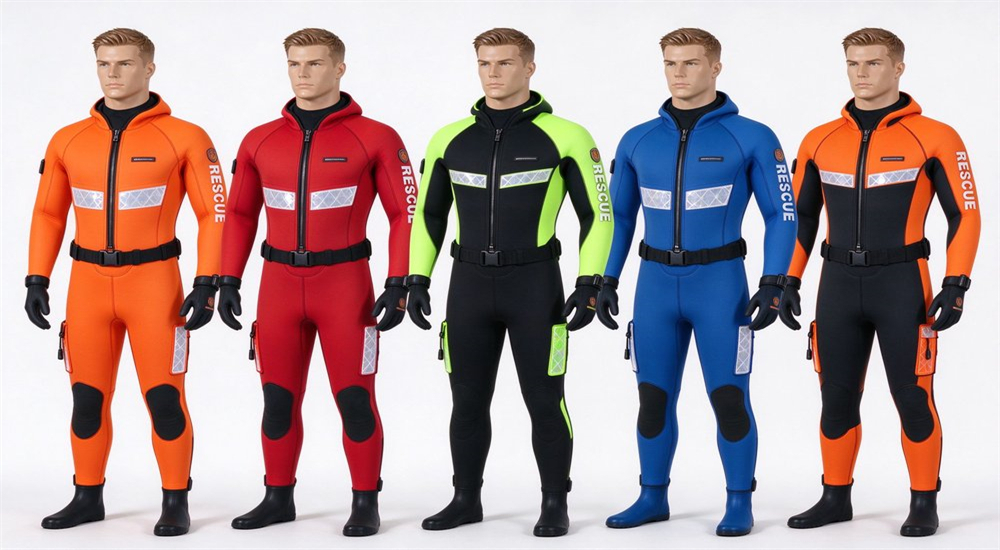 Product shot of bulk order color variety for neoprene wetsuit water rescue suits showing multiple color options including orange red yellow and black configurations for large volume wholesale orders Product shot of bulk order color variety for neoprene wetsuit water rescue suits showing multiple color options including orange red yellow and black configurations for large volume wholesale orders