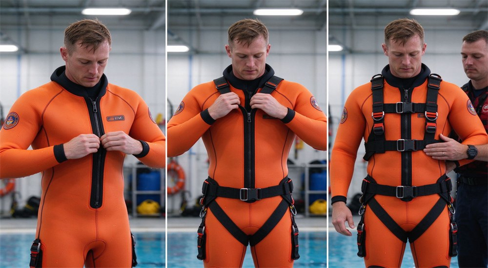 Application scene showing rescuer performing rapid donning of front zipper neoprene wetsuit while wearing gloves demonstrating quick entry capability for emergency water response deployment Application scene showing rescuer performing rapid donning of front zipper neoprene wetsuit while wearing gloves demonstrating quick entry capability for emergency water response deployment