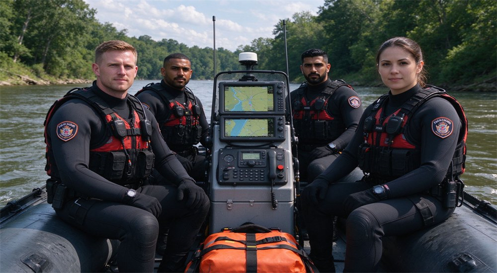 Application scene of river patrol team in neoprene wetsuits aboard rigid inflatable boat conducting waterway search and rescue patrol with navigation equipment and rescue gear on board Application scene of river patrol team in neoprene wetsuits aboard rigid inflatable boat conducting waterway search and rescue patrol with navigation equipment and rescue gear on board