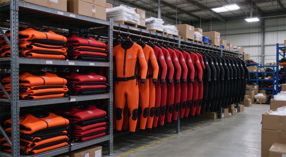 Warehouse inventory scene showing bulk stockpile of neoprene wetsuit water rescue suits in organized storage racks with size labels and color coded inventory for government procurement fulfillment Warehouse inventory scene showing bulk stockpile of neoprene wetsuit water rescue suits in organized storage racks with size labels and color coded inventory for government procurement fulfillment