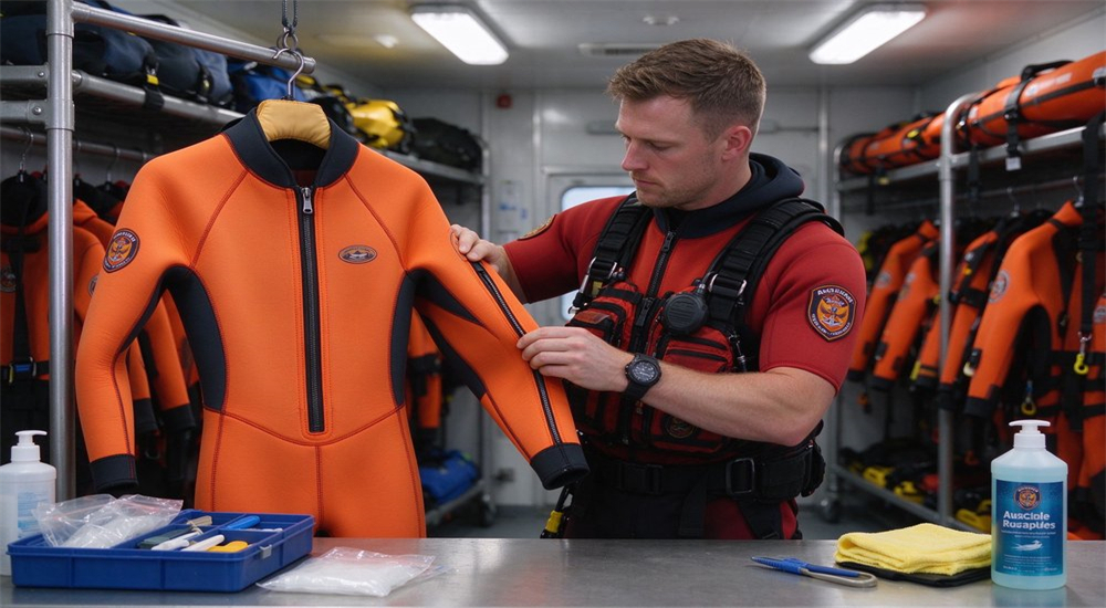 Product shot of complete personal protective equipment system including neoprene wetsuit PFD helmet boots and gloves arranged together showing integrated PPE system for professional water rescue Product shot of complete personal protective equipment system including neoprene wetsuit PFD helmet boots and gloves arranged together showing integrated PPE system for professional water rescue
