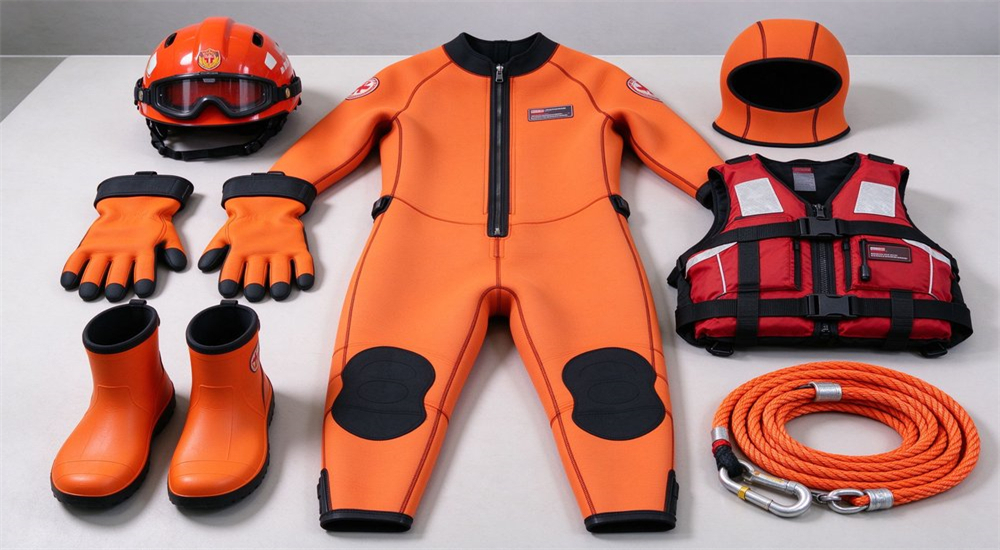 Info scene showing team fitting session for neoprene wetsuit sizing with rescue personnel trying different sizes and measuring chest waist and inseam for proper fit and thermal performance Info scene showing team fitting session for neoprene wetsuit sizing with rescue personnel trying different sizes and measuring chest waist and inseam for proper fit and thermal performance