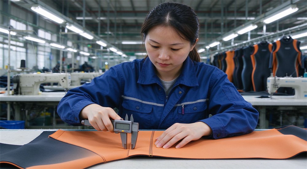 Factory quality control scene showing Asian production workers inspecting neoprene wetsuit material thickness and seam integrity in manufacturing workshop with measurement tools for ISO 9001 compliance