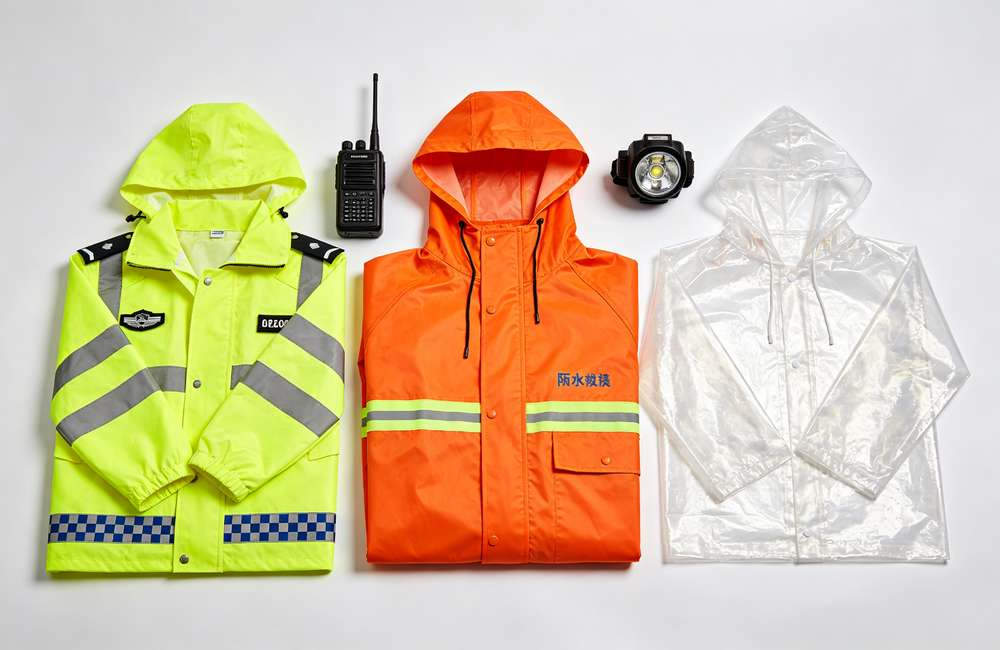 Three rain poncho material samples compared: thin PE, 0.12mm PVC, heavy-duty PU with taped seams, showing thickness differences for buyers.