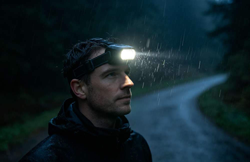 Person wearing LED headlamp walking along dark rainy path at night, showing hands-free lighting for emergency evacuation routes during storms.