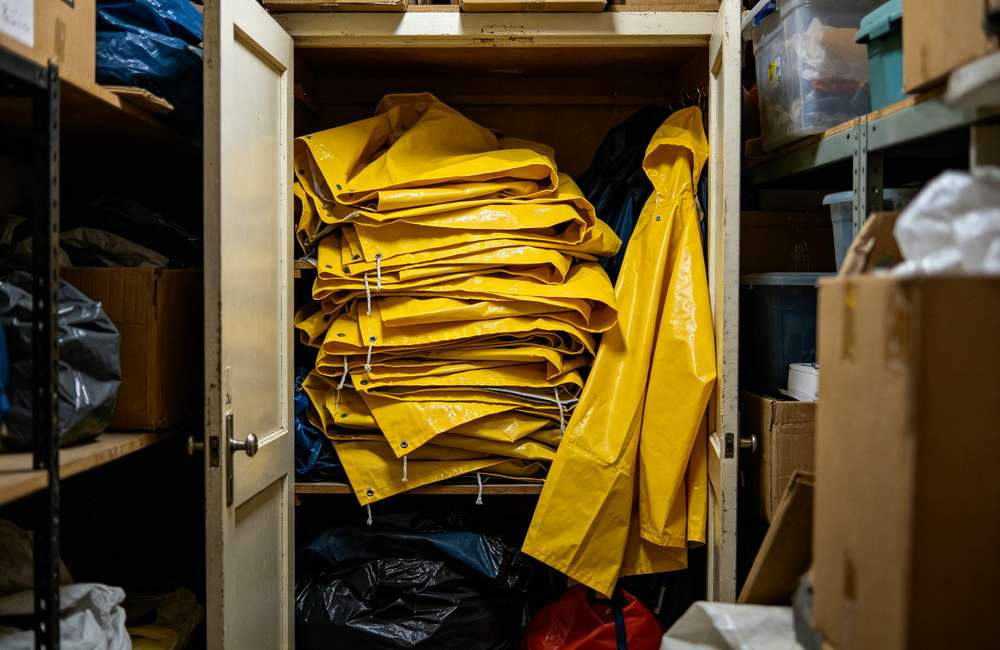 Wrinkled cheap ponchos stuffed in a cabinet corner showing how improper storage ruins gear before it is ever used during a storm.
