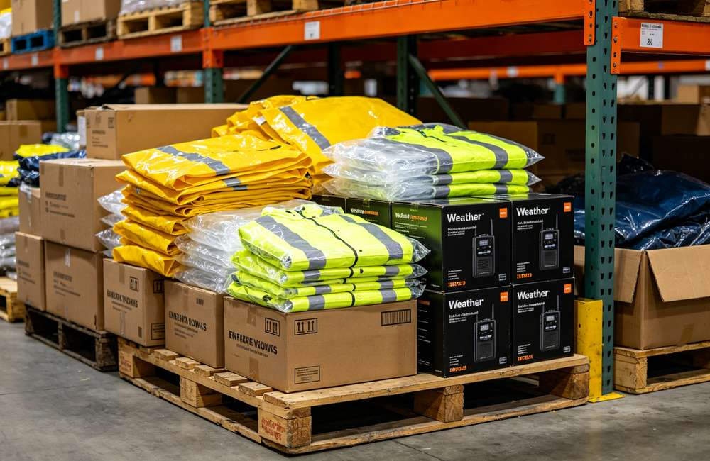 Warehouse pallet stacked with bulk thunderstorm safety supplies: cartons of rain ponchos, weather radios and headlamps ready for shipment.