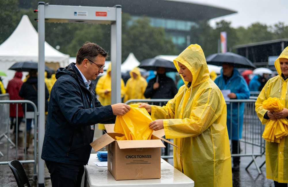 Event organizer unboxing bulk rain ponchos to distribute to staff at outdoor event entrance before thunderstorm arrives.
