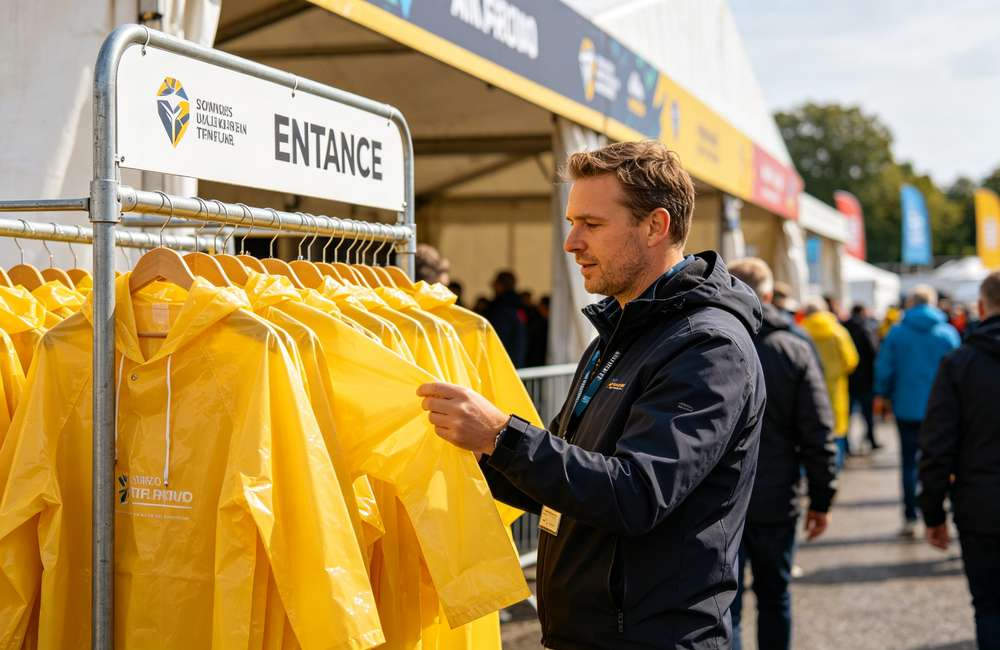 Event safety staff checking rain poncho inventory at main entrance of outdoor venue, ensuring enough gear for all attendees.