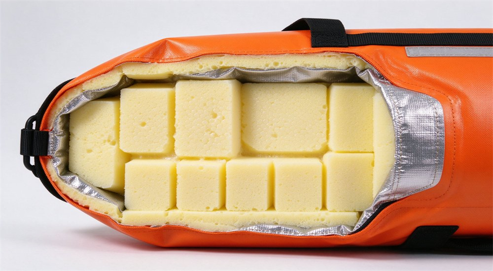 Info cross section of ice rescue suit buoyancy system showing closed cell foam liner inside orange polyurethane coated nylon shell with thermal reflective silver inner coating