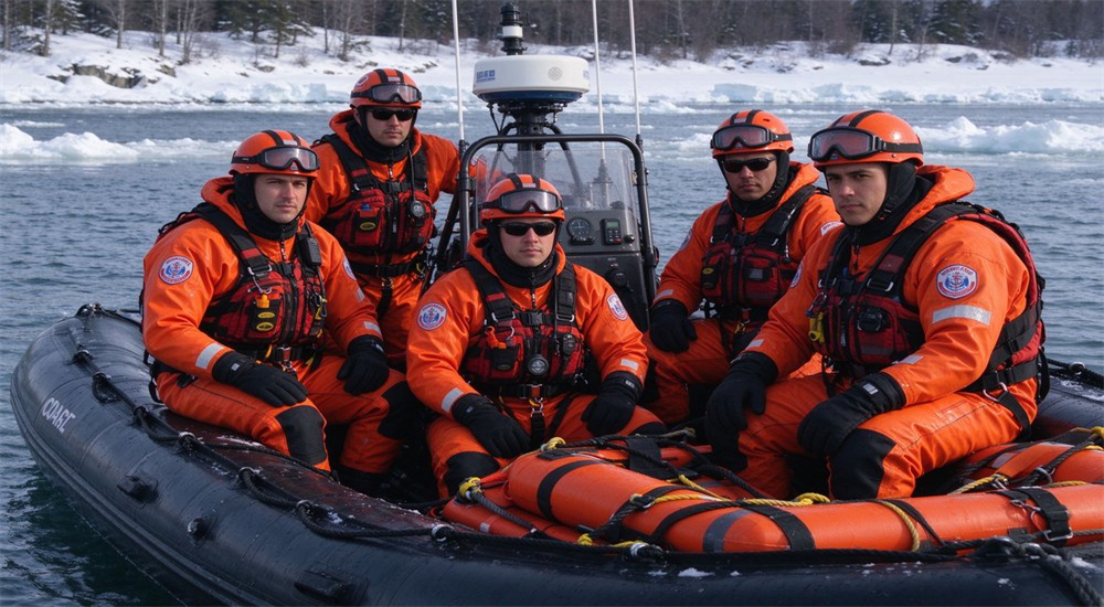 Application scene of coast guard ice rescue team in bright orange immersion suits aboard rigid inflatable boat preparing for cold water operation on winter waterway with snowy shoreline