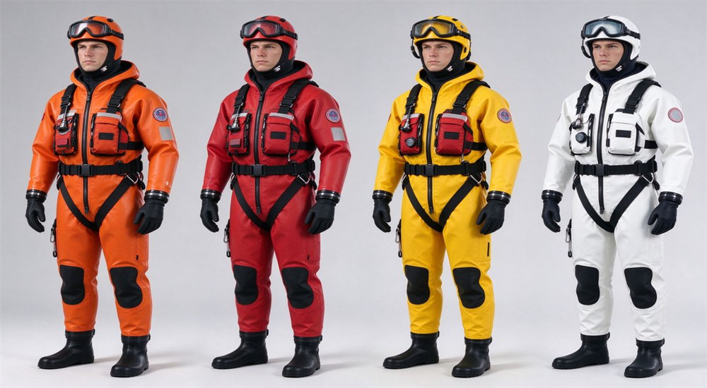 Comparison shot of four ice rescue suit models standard orange heavy duty red lightweight yellow and maritime grade white displayed side by side on clean studio background