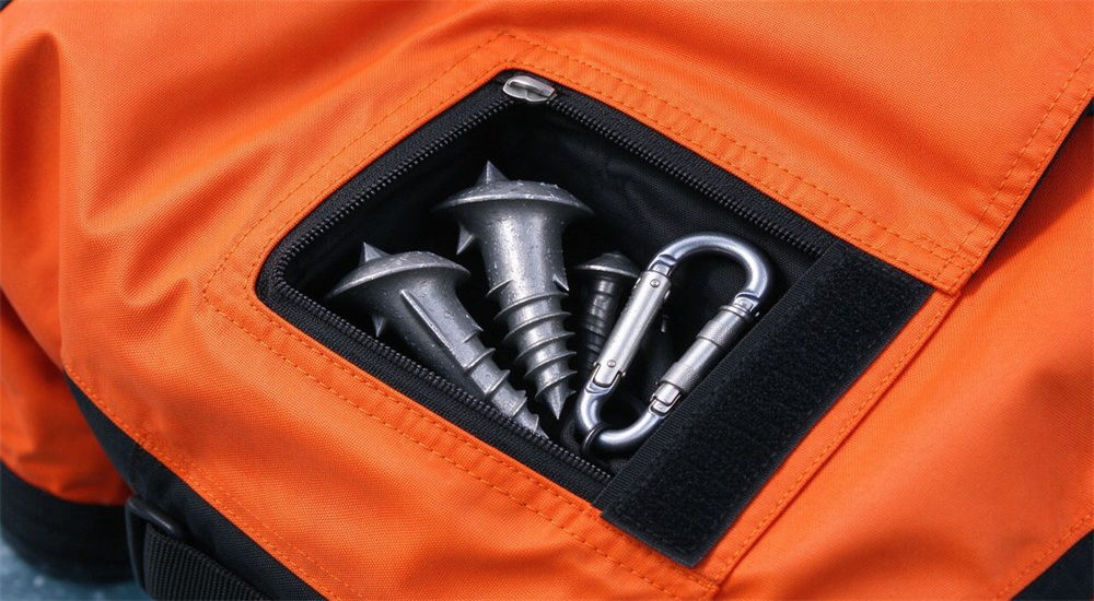 Product detail of ice rescue suit arm pocket with ice screws and carabiners inside showing Velcro closure open for quick access to rescue equipment storage