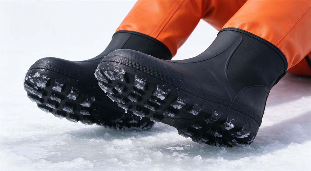 Product detail of anti slip rubber boot sole on ice rescue suit showing deep lug tread pattern for traction on wet ice and boat deck surfaces