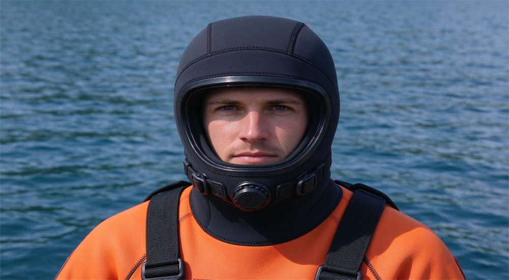 Product detail of close fitting neoprene hood with adjustable face seal on orange ice rescue suit conforming to facial contours for water exclusion