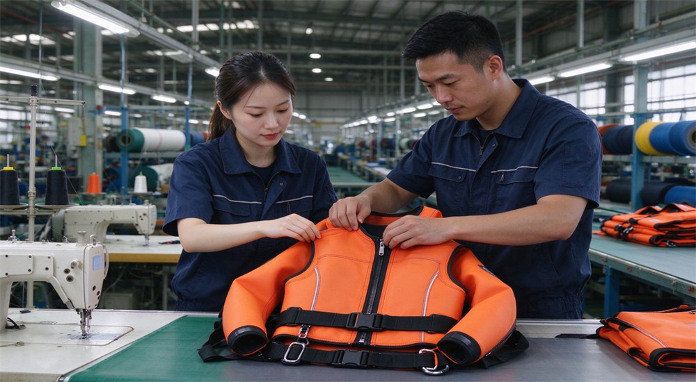 Application scene of Asian factory quality inspection workers examining orange ice rescue suits on production line checking seams zippers and harness attachments