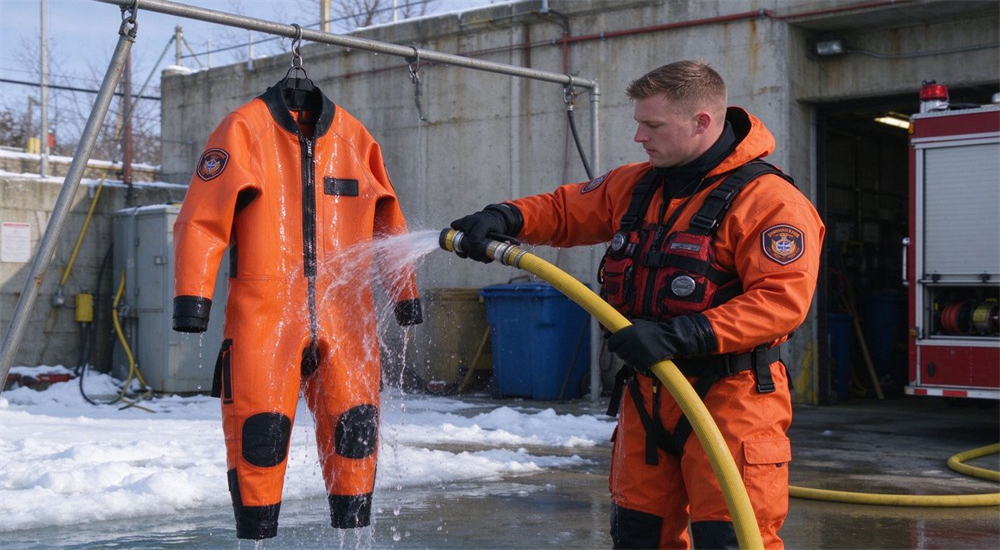Info scene of post use cleaning procedure showing rescuer rinsing orange immersion suit with fresh water hose after ice water exposure and hanging to dry