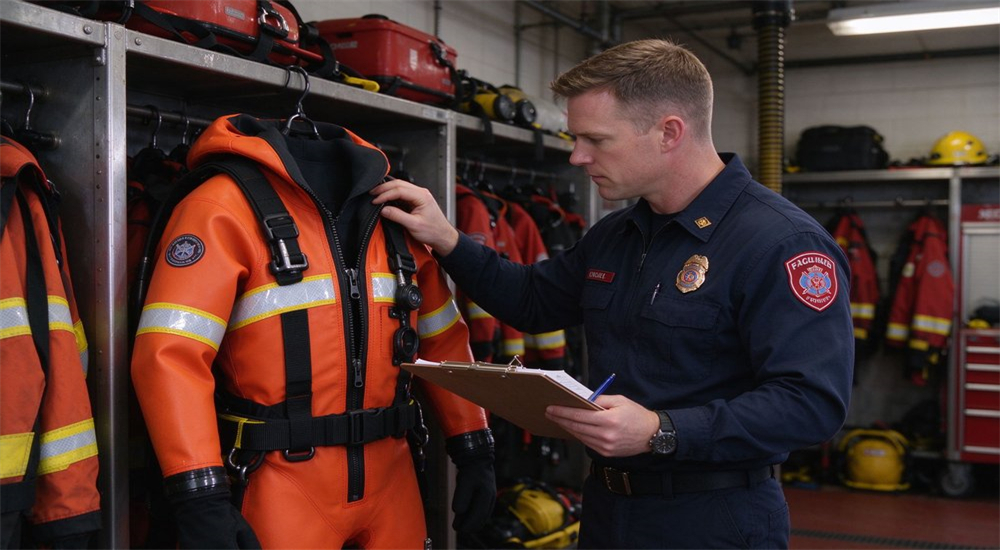 Info scene of pre deployment inspection showing rescue officer examining orange ice rescue suit zippers seals reflective tape and harness before winter operation Info scene of pre deployment inspection showing rescue officer examining orange ice rescue suit zippers seals reflective tape and harness before winter operation