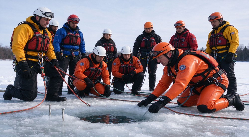 Application scene of ice rescue training instructor demonstrating ice crawling technique to diverse team of trainees on frozen lake with safety ropes and ice screws