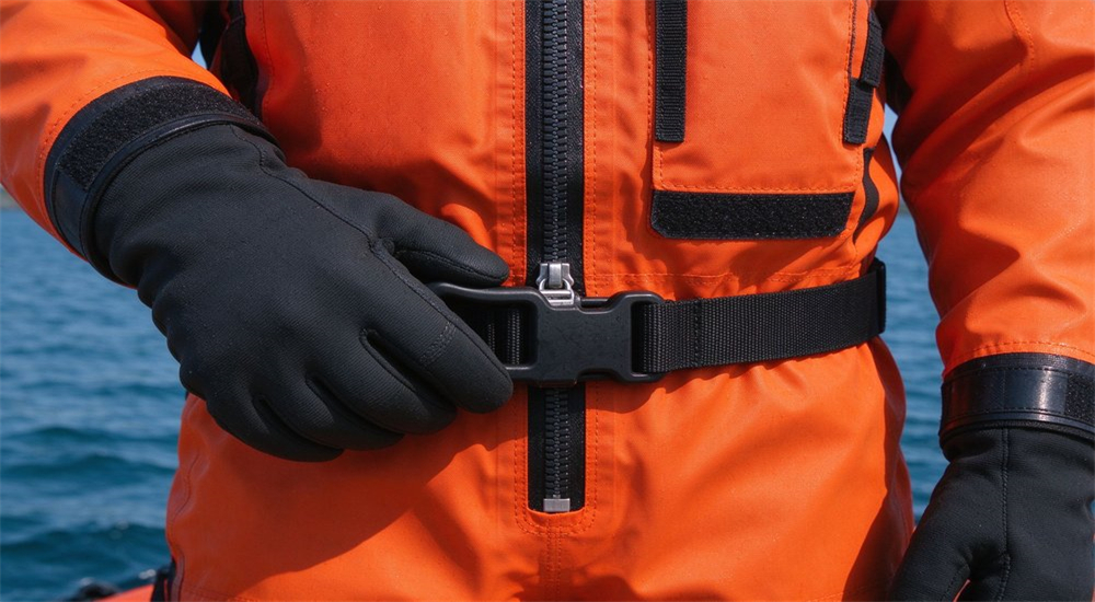 Product detail of front watertight zipper on orange ice rescue suit with oversized pull handle designed for gloved hand operation and storm flap protection