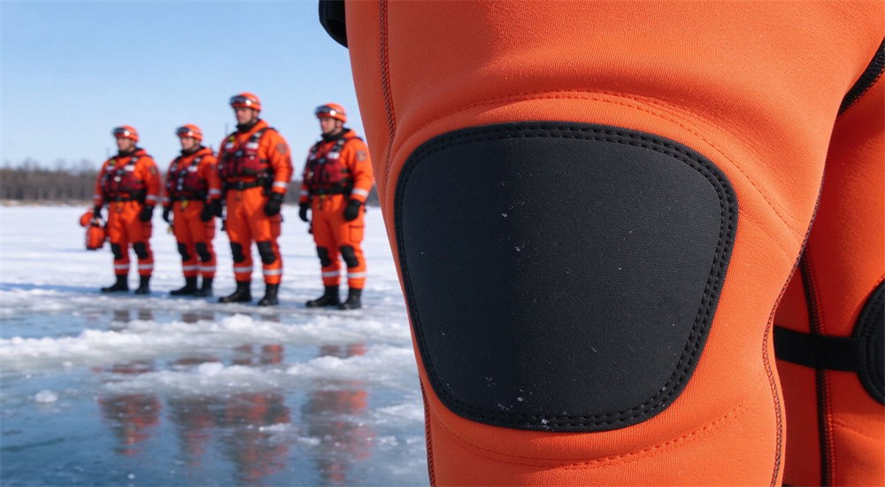 Product detail of knee reinforcement panel on ice rescue suit showing 2.5mm neoprene abrasion protection with rescue team in orange suits on frozen lake background