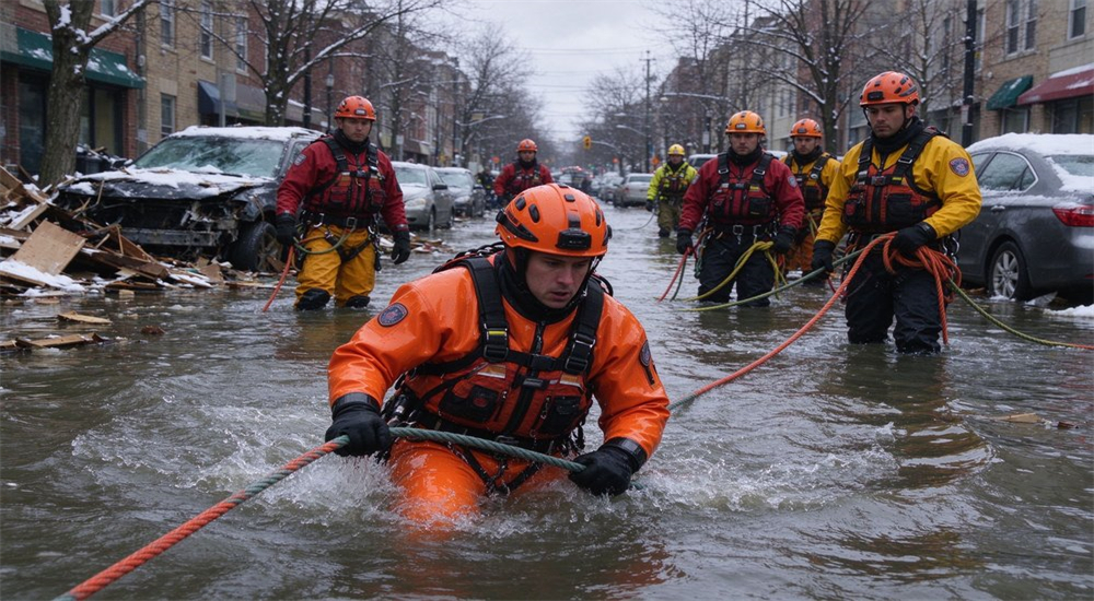 Application scene of winter flood rescue team in bright orange sealed immersion suits conducting cold water urban flood rescue with ropes and submerged vehicles