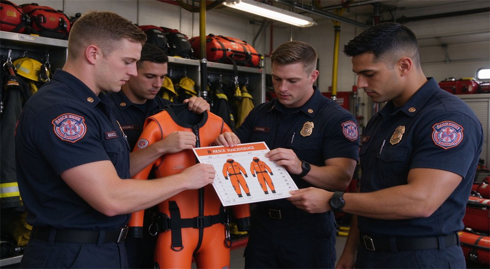 Application scene of rescue team members selecting correct ice rescue suit size examining orange immersion suit in fire station equipment room with diverse firefighters