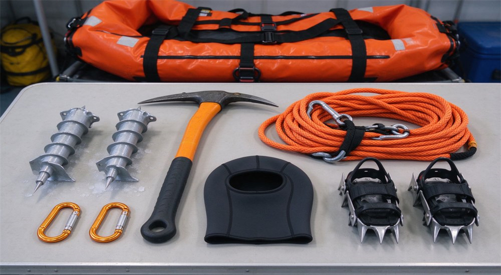 Product shot of ice rescue accessories and equipment laid out on table including ice screws carabiners ice axe rescue rope neoprene balaclava and ice cleats with orange suit in background