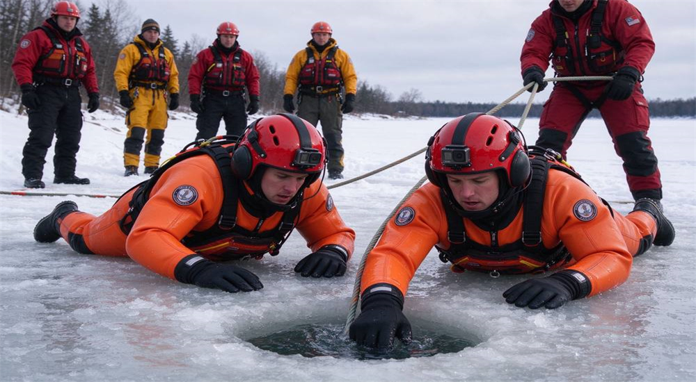 Ice rescue scene on frozen lake with two rescue workers in orange immersion suits wearing full-coverage red water rescue helmets with GoPro cameras, crawling on thin ice with shore team pulling safety rope
