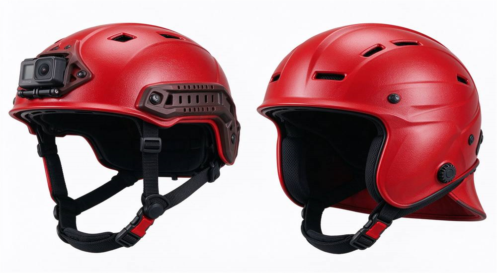 Side-by-side comparison of two red water rescue helmets on white background, left half-shell tactical model with open ear design and side rails, right full-coverage model with extended ear protection and nape guard