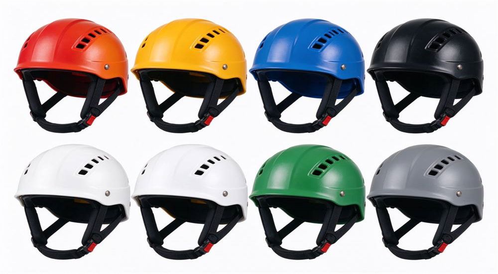 Product display of eight water rescue helmets in red orange yellow blue black white green and grey arranged in two rows on white studio background, mix of half-shell and full-coverage models with ABS shell and drainage vents