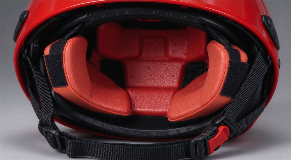 Interior detail of red water rescue helmet showing EPS foam liner with textured surface, removable EVA comfort pads, rear ratchet adjustment dial with gear mechanism, suspension straps and chin strap quick-release buckle
