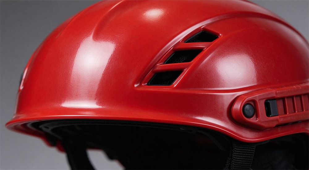 Macro detail of red ABS plastic water rescue helmet shell showing smooth glossy surface, curved impact-resistant shell thickness, molded drainage vents with recessed angled design and integrated side accessory rail