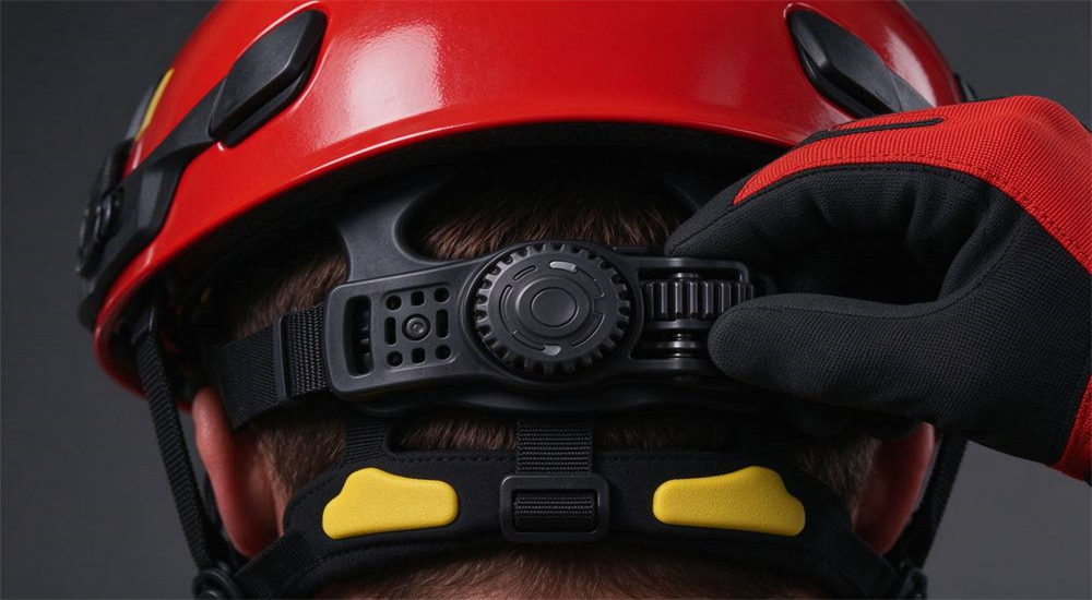 Rear view detail of red water rescue helmet showing rear ratchet adjustment dial with gear mechanism and click texture, occipital cradle with EVA padding, gloved hand turning the adjustable head circumference dial