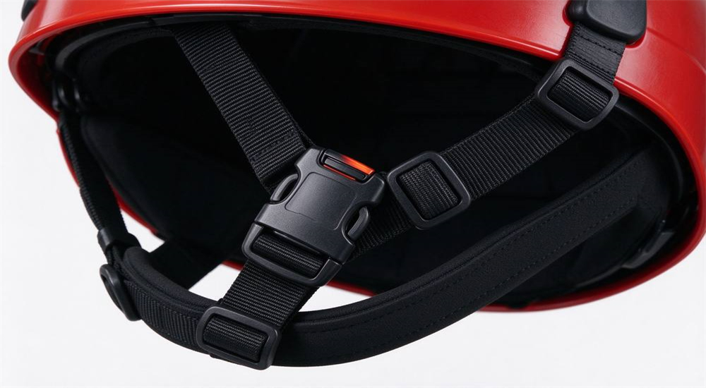 Detail shot of water rescue helmet chin strap with quick-release Fastex buckle, four-point retention system anchored to red ABS shell, 20mm black webbing strap with neoprene chin guard and adjustable sliders