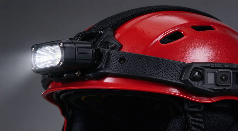 Side view detail of red water rescue helmet showing integrated accessory rail with mounted LED headlamp, black headlamp with flood beam attached to reinforced polymer rail, GoPro mount visible on front