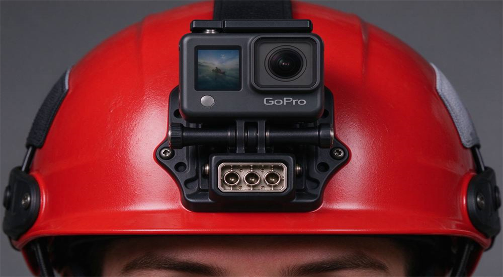 Front view detail of red water rescue helmet showing NVG-style action camera mount with GoPro camera attached, three-prong interface with metal insert reinforcement on forehead above brim