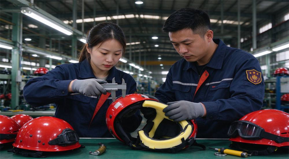 Factory quality control scene in helmet manufacturing workshop, two Asian female and male workers with distinct faces inspecting red water rescue helmets, one checking shell thickness with caliper, another examining EPS liner