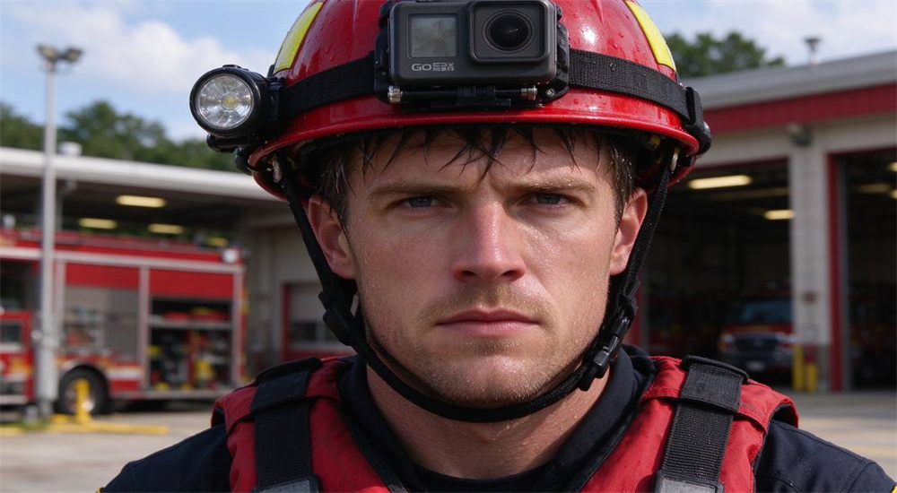 Close-up portrait of Caucasian male firefighter wearing red water rescue helmet with headlamp on side rail and GoPro camera on front mount, wearing red life jacket, serious focused expression with wet hair