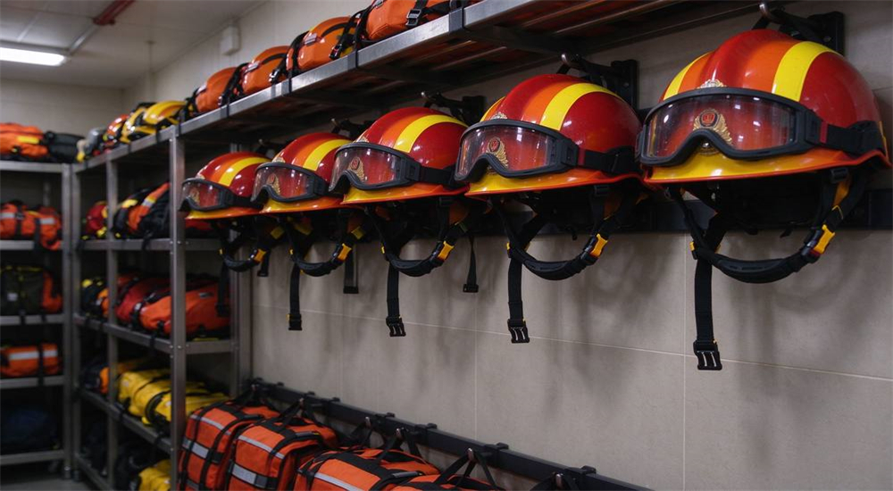 Helmet storage scene in fire station equipment room, multiple red orange yellow water rescue helmets hanging on dedicated wall racks with chin straps fastened, other rescue gear on shelves, well-lit organized storage