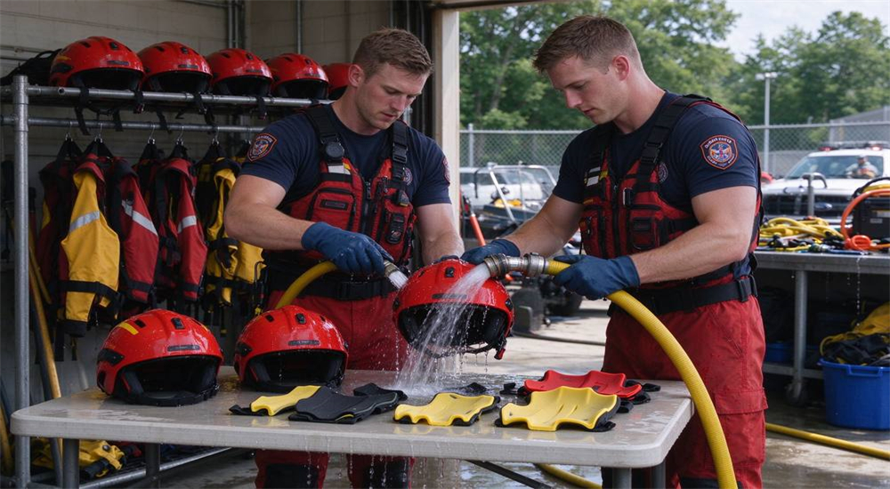 Post-operation cleaning scene, two Caucasian male rescue workers with distinct faces rinsing red water rescue helmets with fresh water hose, removable EVA pads laid out on table, helmets hanging on drying rack