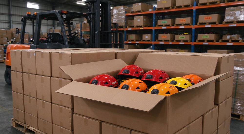 Warehouse bulk inventory scene, stacks of cardboard boxes containing water rescue helmets, open box showing multiple red orange yellow helmets packed inside, forklift in background with warehouse shelving