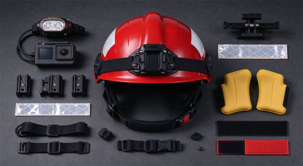 Flat lay arrangement of water rescue helmet accessories on dark grey surface, LED headlamp action camera side rail mounts NVG bracket reflective strips chin strap EVA pads arranged around red water rescue helmet