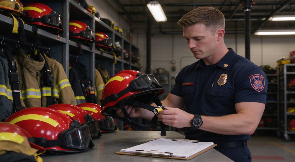 Pre-deployment inspection scene in fire station gear room, Caucasian male rescue officer checking red water rescue helmet, examining chin strap buckle and ratchet dial, other helmets and rescue gear on shelves