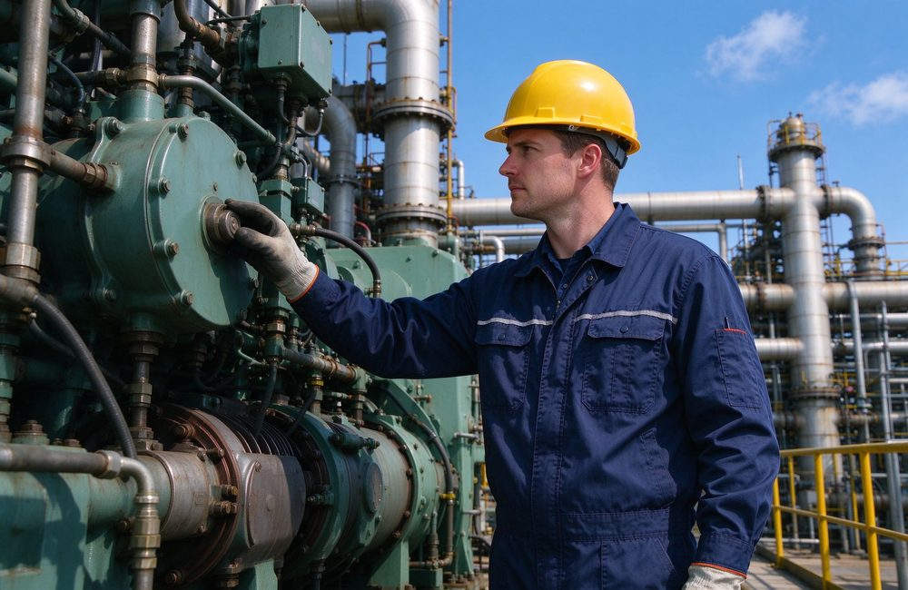 Wide-angle view of power plant maintenance worker in FR coveralls for flame resistant protective workwear industrial safety and FR coveralls wholesale procurement planning