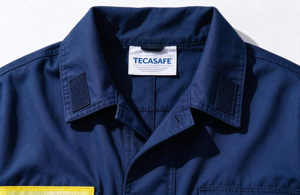 Close-up view of close up of TECASAFE inherently flame resistant fabric on FR coverall for flame resistant workwear quality and FR coverall fabric verification