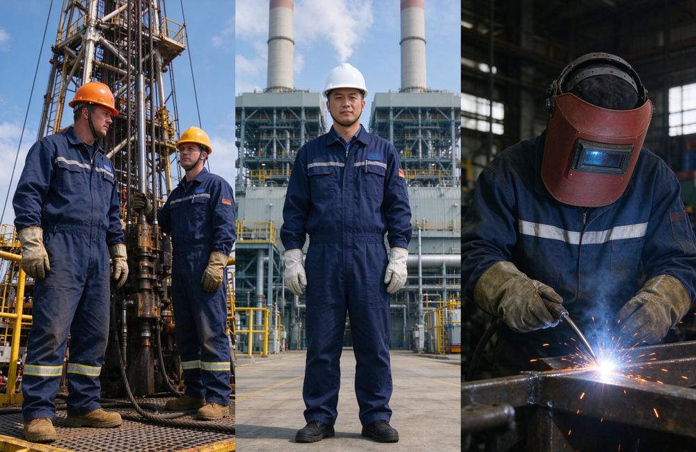 Flat-lay view of info chart of FR coveralls used across oil power and welding industries for flame resistant protective workwear selection and wholesale planning