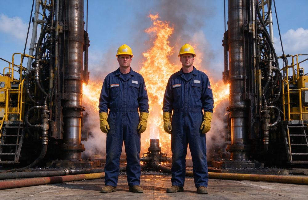 Night-time view of oil rig worker in FR coveralls during flash fire hazard area for fire resistant protective clothing and flame resistant workwear safety check
