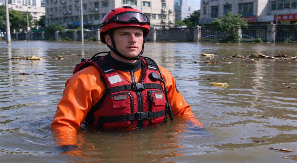 Medium shot of rescue worker in bright orange dry suit and red life jacket standing in chest-deep flood water, Caucasian male with red helmet Medium shot of rescue worker in bright orange dry suit and red life jacket standing in chest-deep flood water, Caucasian male with red helmet
